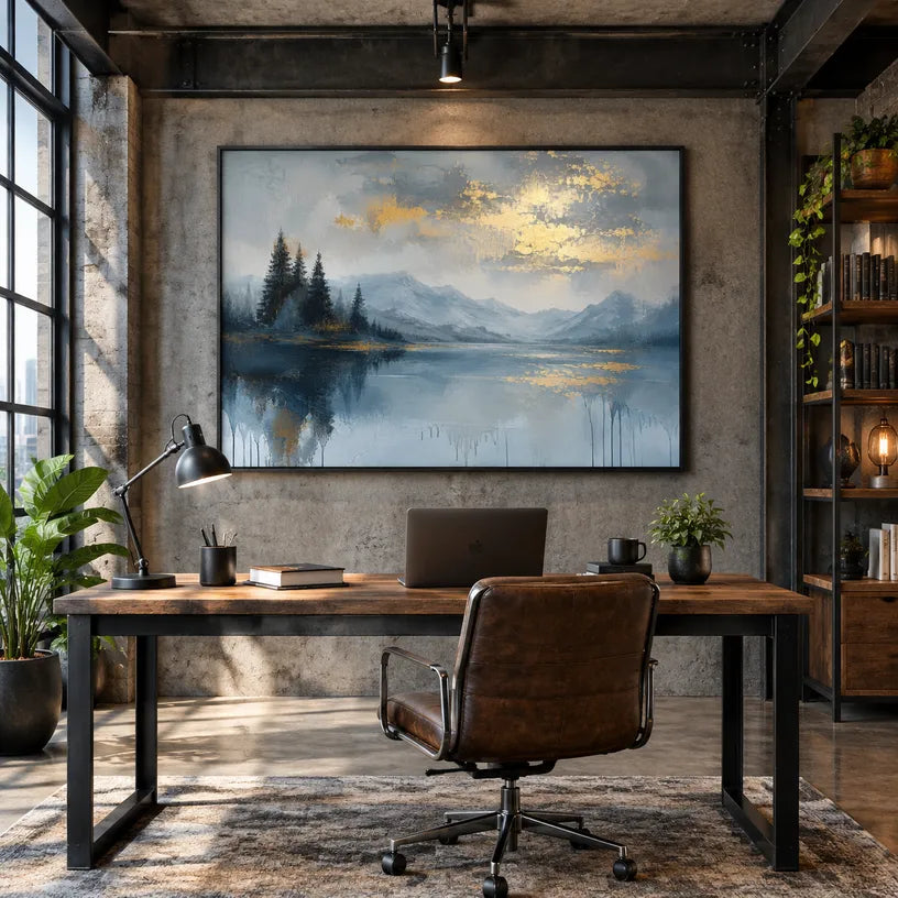 Abstract Expressionist landscapes & seascapes & cityscapes oil painting showing a blue mountain landscape mirrored in still water in a blue palette, contemporary wall art.