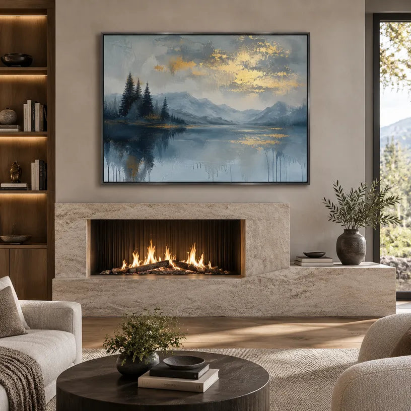 Abstract Expressionist landscapes & seascapes & cityscapes oil painting showing a blue mountain landscape mirrored in still water in a blue palette, contemporary wall art.