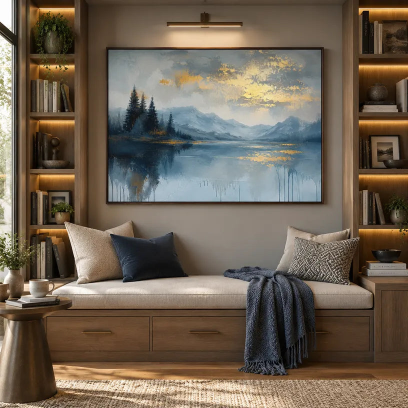 Abstract Expressionist landscapes & seascapes & cityscapes oil painting showing a blue mountain landscape mirrored in still water in a blue palette, contemporary wall art.