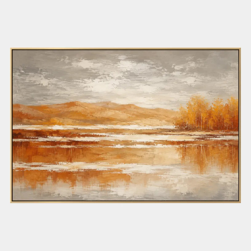 Abstract Expressionist landscapes & seascapes & cityscapes oil painting showing a painterly landscape with distant hills, trees or reflective water in a orange palette.