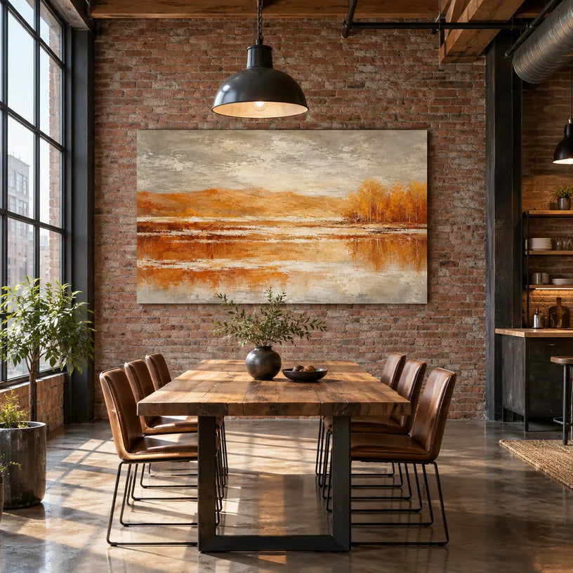 Abstract Expressionist landscapes & seascapes & cityscapes oil painting showing a painterly landscape with distant hills, trees or reflective water in a orange palette.