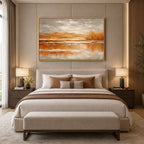 Abstract Expressionist landscapes & seascapes & cityscapes oil painting showing a painterly landscape with distant hills, trees or reflective water in a orange palette.