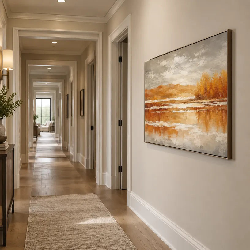 Abstract Expressionist landscapes & seascapes & cityscapes oil painting showing a painterly landscape with distant hills, trees or reflective water in a orange palette.