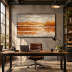 Abstract Expressionist landscapes & seascapes & cityscapes oil painting showing a painterly landscape with distant hills, trees or reflective water in a orange palette.