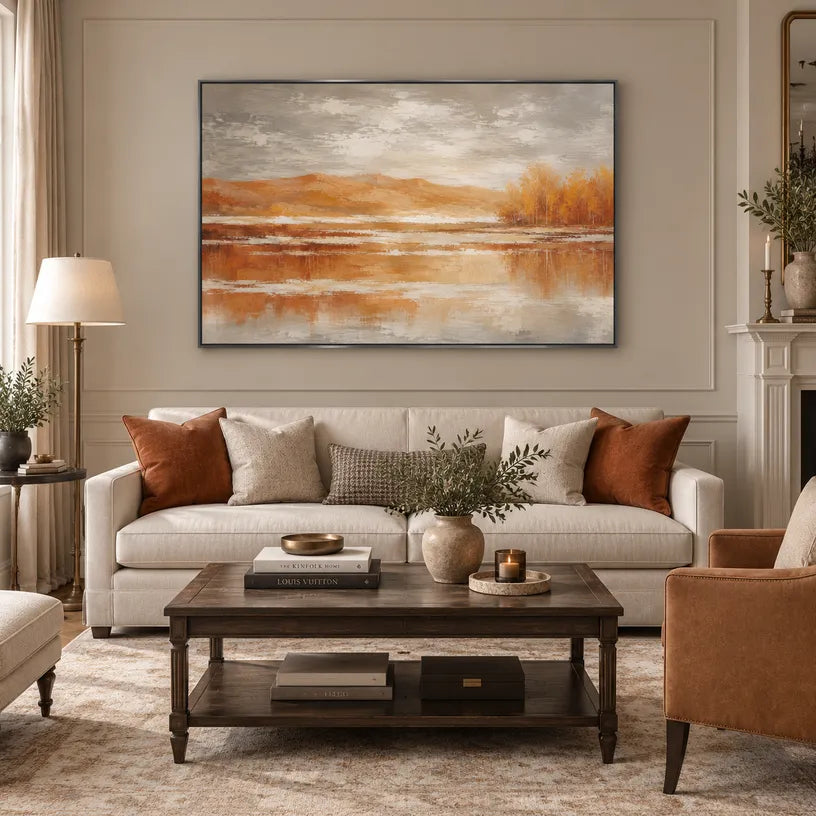 Abstract Expressionist landscapes & seascapes & cityscapes oil painting showing a painterly landscape with distant hills, trees or reflective water in a orange palette.