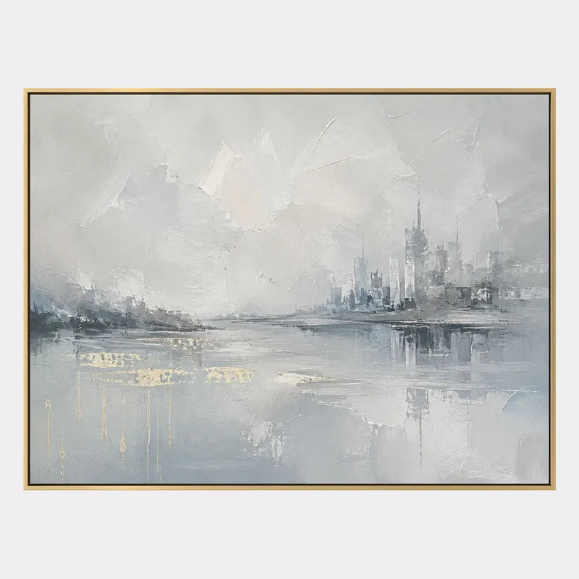 Abstract Expressionist landscapes & seascapes & cityscapes oil painting showing a misty grey waterfront and distant skyline in a grey palette, contemporary wall art.
