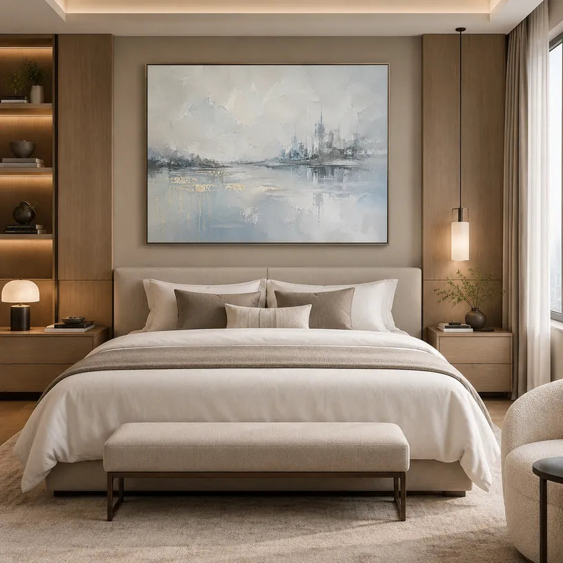 Abstract Expressionist landscapes & seascapes & cityscapes oil painting showing a misty grey waterfront and distant skyline in a grey palette, contemporary wall art.