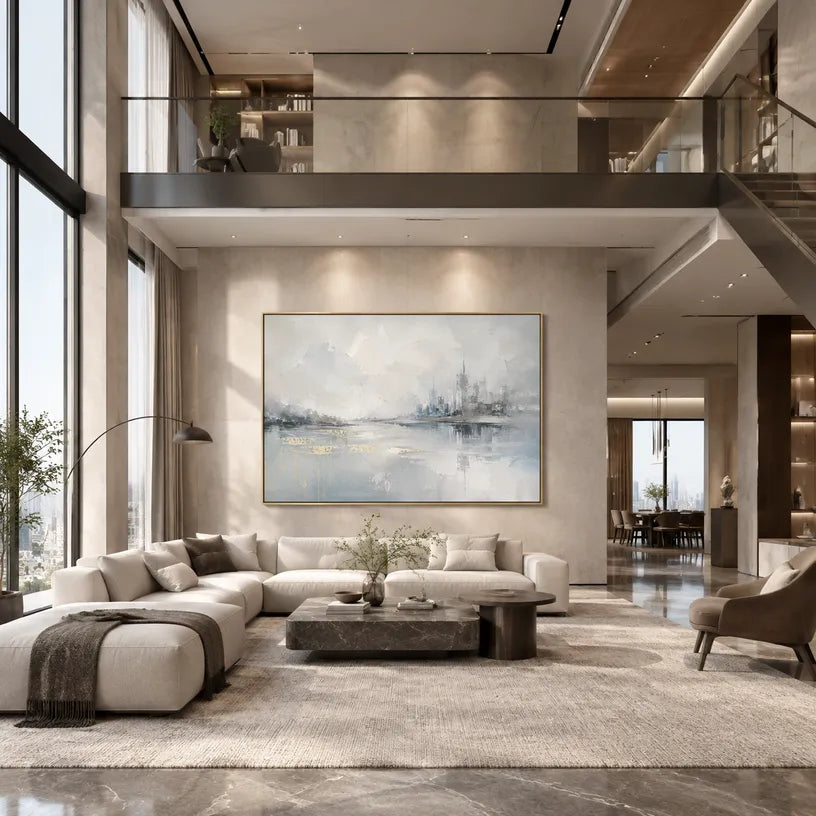 Abstract Expressionist landscapes & seascapes & cityscapes oil painting showing a misty grey waterfront and distant skyline in a grey palette, contemporary wall art.