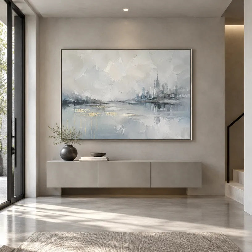 Abstract Expressionist landscapes & seascapes & cityscapes oil painting showing a misty grey waterfront and distant skyline in a grey palette, contemporary wall art.