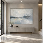 Abstract Expressionist landscapes & seascapes & cityscapes oil painting showing a misty grey waterfront and distant skyline in a grey palette, contemporary wall art.
