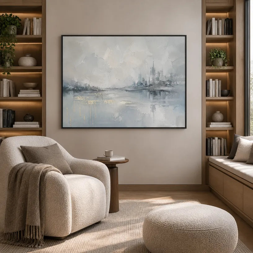 Abstract Expressionist landscapes & seascapes & cityscapes oil painting showing a misty grey waterfront and distant skyline in a grey palette, contemporary wall art.
