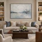 Abstract Expressionist landscapes & seascapes & cityscapes oil painting showing a misty grey waterfront and distant skyline in a grey palette, contemporary wall art.