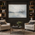 Abstract Expressionist landscapes & seascapes & cityscapes oil painting showing a misty grey waterfront and distant skyline in a grey palette, contemporary wall art.