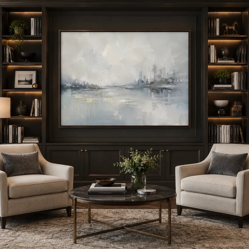 Abstract Expressionist landscapes & seascapes & cityscapes oil painting showing a misty grey waterfront and distant skyline in a grey palette, contemporary wall art.