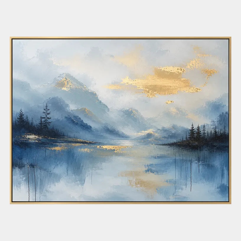 Abstract Expressionist landscapes & seascapes & cityscapes oil painting showing a blue alpine lake beneath soft golden clouds in a blue palette, contemporary wall art.