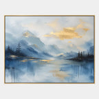 Abstract Expressionist landscapes & seascapes & cityscapes oil painting showing a blue alpine lake beneath soft golden clouds in a blue palette, contemporary wall art.