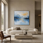 Abstract Expressionist landscapes & seascapes & cityscapes oil painting showing a blue alpine lake beneath soft golden clouds in a blue palette, contemporary wall art.