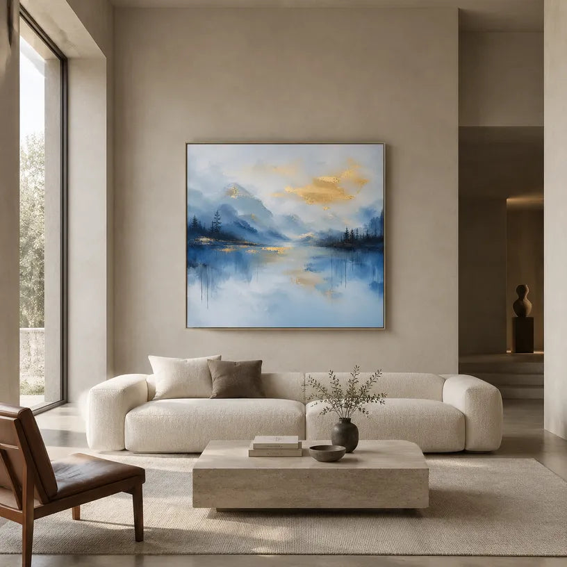 Abstract Expressionist landscapes & seascapes & cityscapes oil painting showing a blue alpine lake beneath soft golden clouds in a blue palette, contemporary wall art.