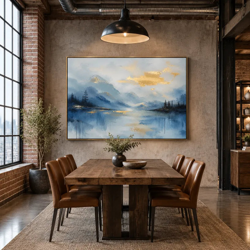 Abstract Expressionist landscapes & seascapes & cityscapes oil painting showing a blue alpine lake beneath soft golden clouds in a blue palette, contemporary wall art.