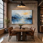 Abstract Expressionist landscapes & seascapes & cityscapes oil painting showing a blue alpine lake beneath soft golden clouds in a blue palette, contemporary wall art.