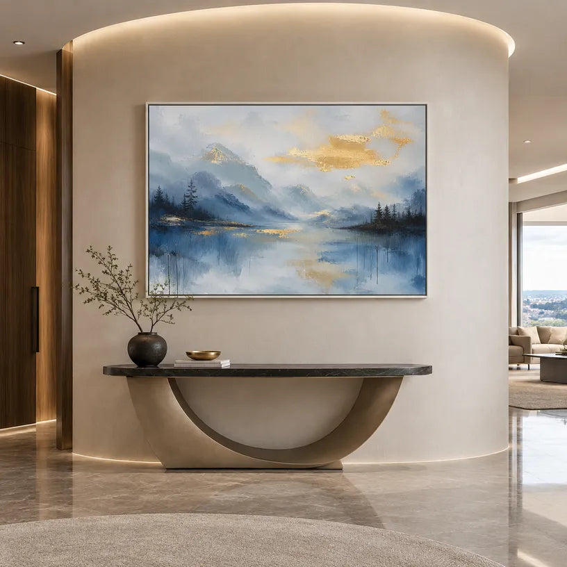 Abstract Expressionist landscapes & seascapes & cityscapes oil painting showing a blue alpine lake beneath soft golden clouds in a blue palette, contemporary wall art.
