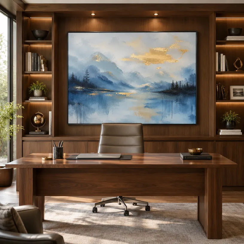 Abstract Expressionist landscapes & seascapes & cityscapes oil painting showing a blue alpine lake beneath soft golden clouds in a blue palette, contemporary wall art.