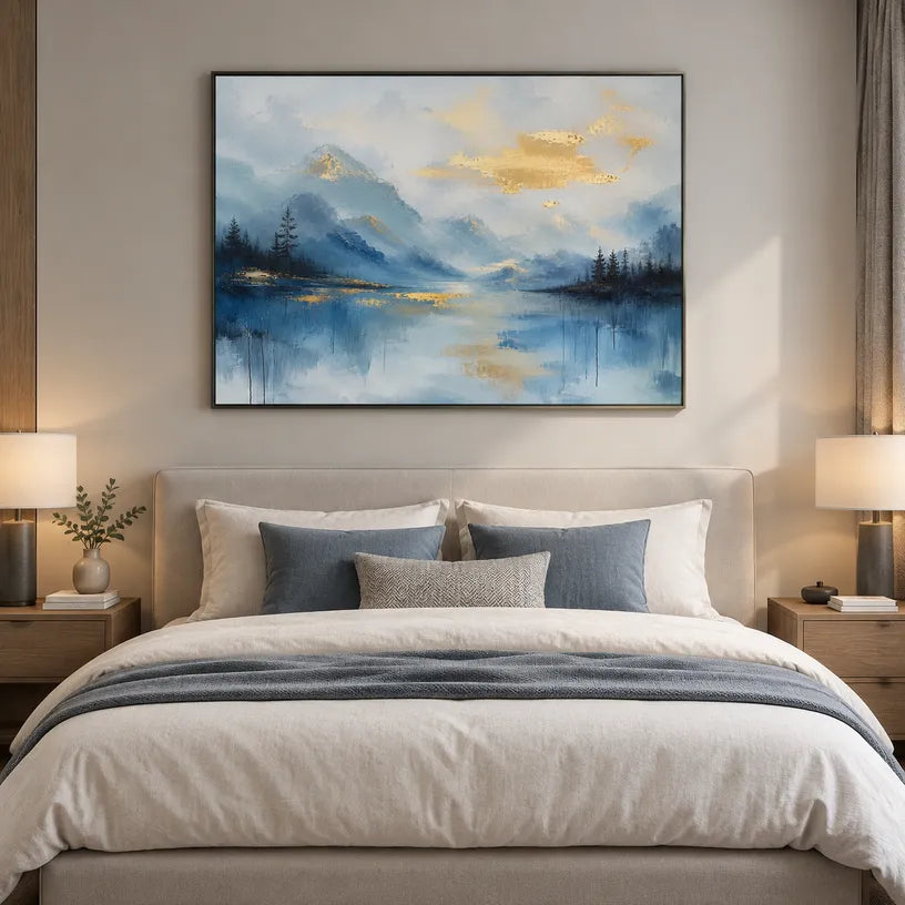 Abstract Expressionist landscapes & seascapes & cityscapes oil painting showing a blue alpine lake beneath soft golden clouds in a blue palette, contemporary wall art.