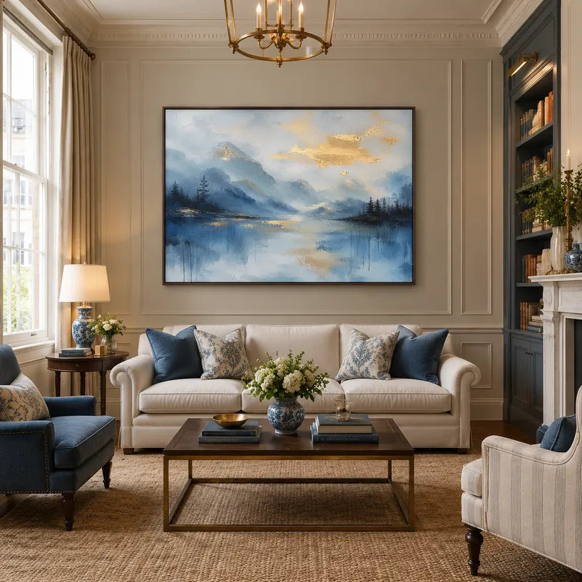 Abstract Expressionist landscapes & seascapes & cityscapes oil painting showing a blue alpine lake beneath soft golden clouds in a blue palette, contemporary wall art.