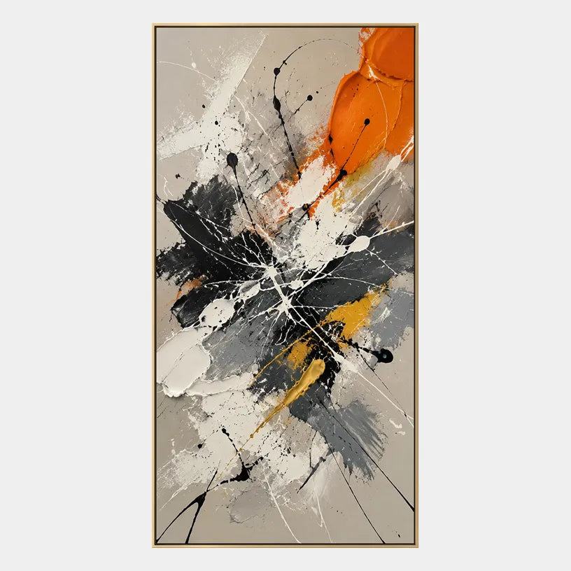 Abstract Expressionist abstract oil painting showing black, white and orange gestural marks, contemporary wall art.