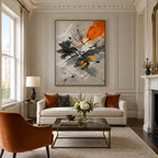 Abstract Expressionist abstract oil painting showing black, white and orange gestural marks, contemporary wall art.
