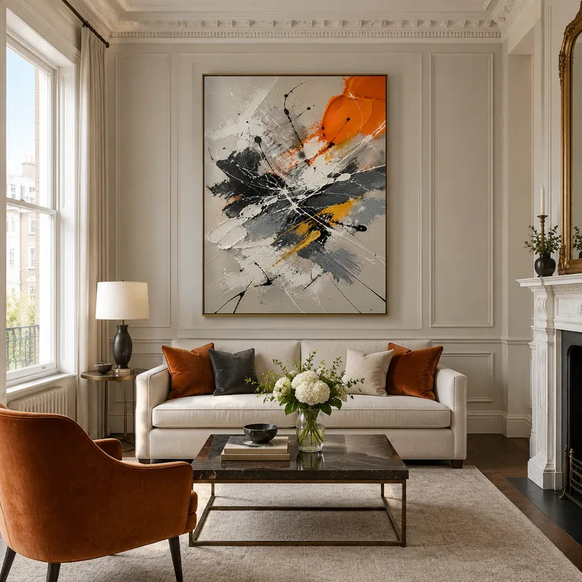 Abstract Expressionist abstract oil painting showing black, white and orange gestural marks, contemporary wall art.