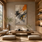 Abstract Expressionist abstract oil painting showing black, white and orange gestural marks, contemporary wall art.