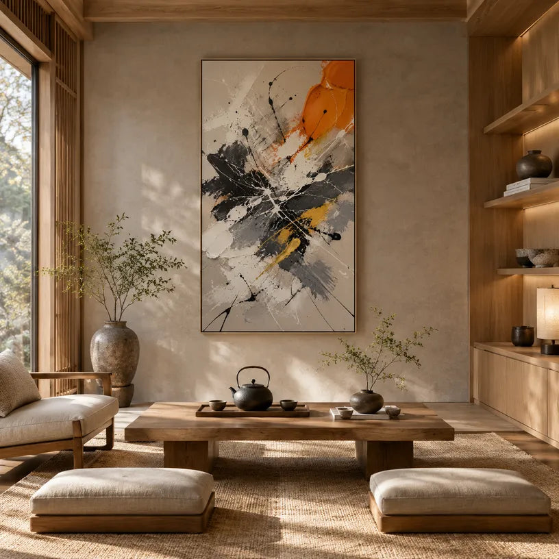 Abstract Expressionist abstract oil painting showing black, white and orange gestural marks, contemporary wall art.