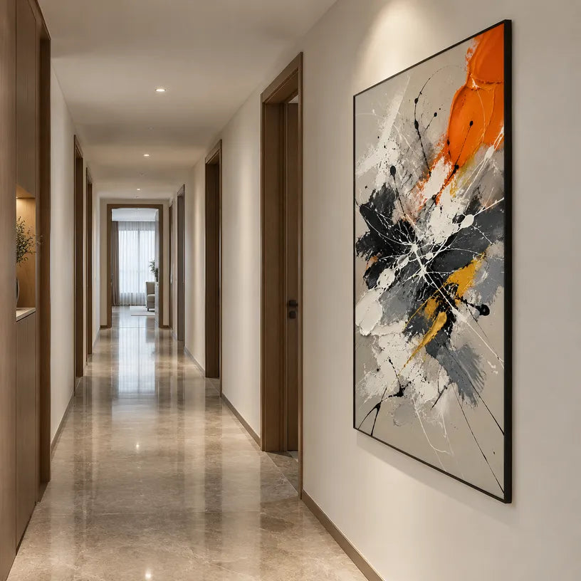 Abstract Expressionist abstract oil painting showing black, white and orange gestural marks, contemporary wall art.