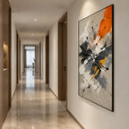 Abstract Expressionist abstract oil painting showing black, white and orange gestural marks, contemporary wall art.