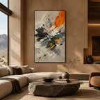 Abstract Expressionist abstract oil painting showing black, white and orange gestural marks, contemporary wall art.