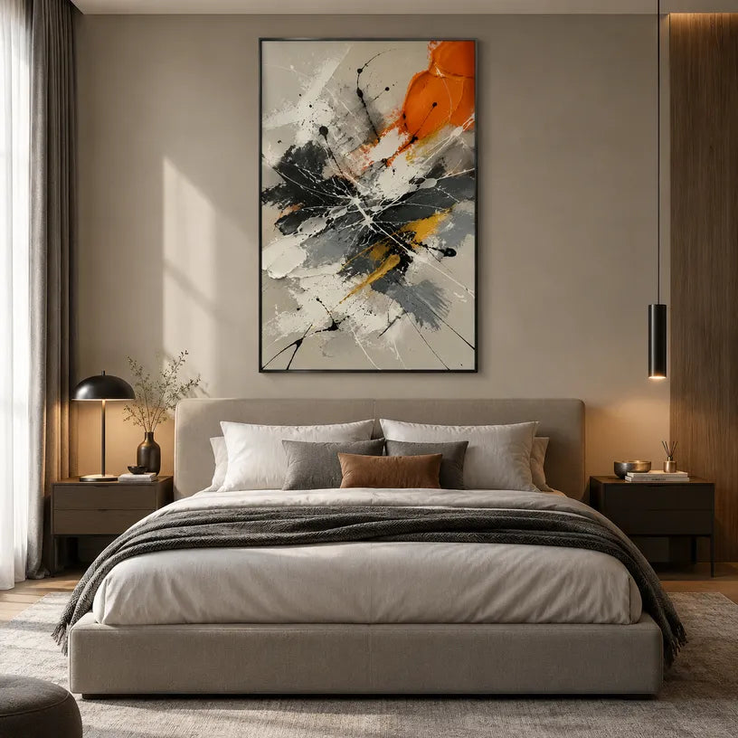 Abstract Expressionist abstract oil painting showing black, white and orange gestural marks, contemporary wall art.