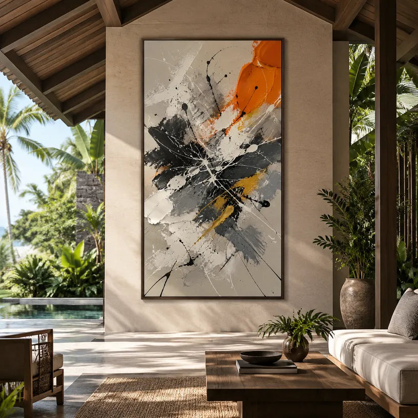 Abstract Expressionist abstract oil painting showing black, white and orange gestural marks, contemporary wall art.