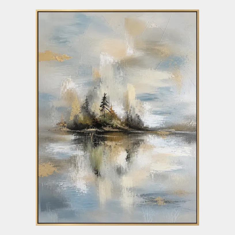 Abstract Expressionist landscapes & seascapes & cityscapes oil painting showing a pale island lake beneath a quiet sky in a grey palette, contemporary wall art.