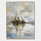Abstract Expressionist landscapes & seascapes & cityscapes oil painting showing a pale island lake beneath a quiet sky in a grey palette, contemporary wall art.