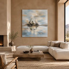 Abstract Expressionist landscapes & seascapes & cityscapes oil painting showing a pale island lake beneath a quiet sky in a grey palette, contemporary wall art.