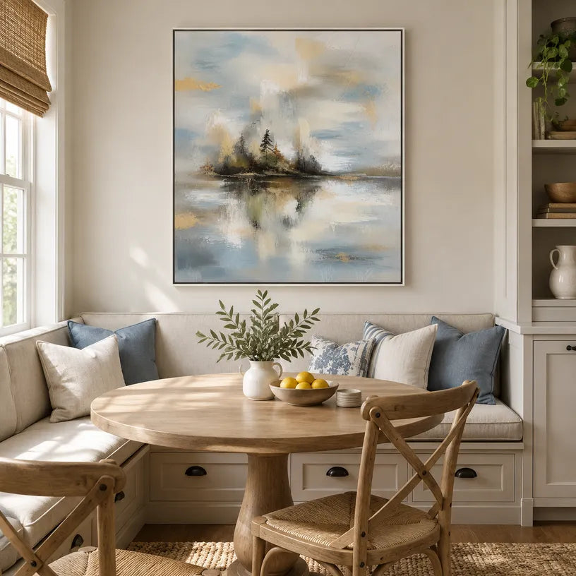 Abstract Expressionist landscapes & seascapes & cityscapes oil painting showing a pale island lake beneath a quiet sky in a grey palette, contemporary wall art.