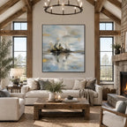 Abstract Expressionist landscapes & seascapes & cityscapes oil painting showing a pale island lake beneath a quiet sky in a grey palette, contemporary wall art.