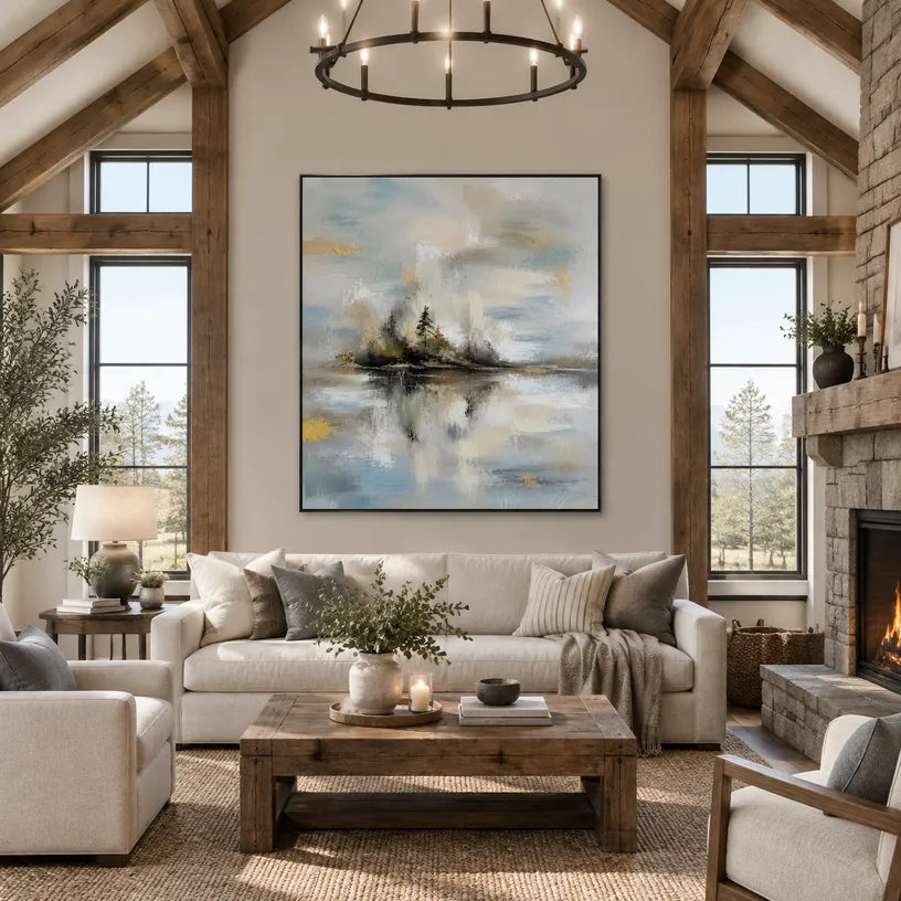 Abstract Expressionist landscapes & seascapes & cityscapes oil painting showing a pale island lake beneath a quiet sky in a grey palette, contemporary wall art.