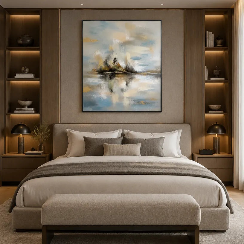 Abstract Expressionist landscapes & seascapes & cityscapes oil painting showing a pale island lake beneath a quiet sky in a grey palette, contemporary wall art.