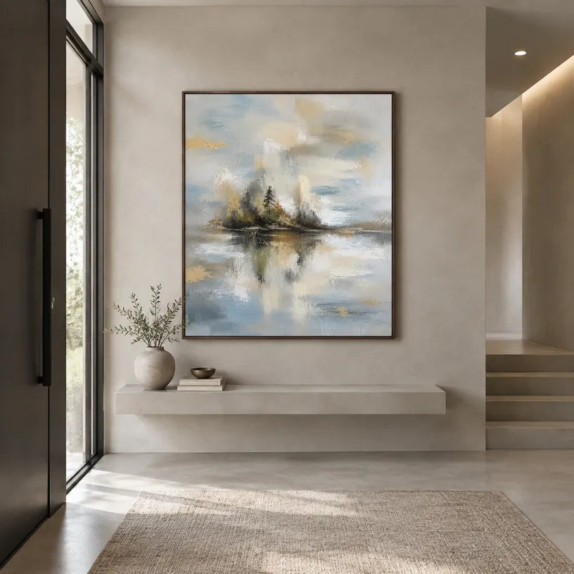 Abstract Expressionist landscapes & seascapes & cityscapes oil painting showing a pale island lake beneath a quiet sky in a grey palette, contemporary wall art.
