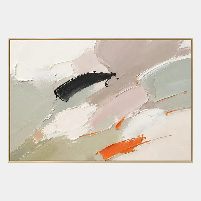 Abstract Expressionist abstract oil painting showing soft grey, white and orange painterly layers in a grey palette, contemporary wall art.