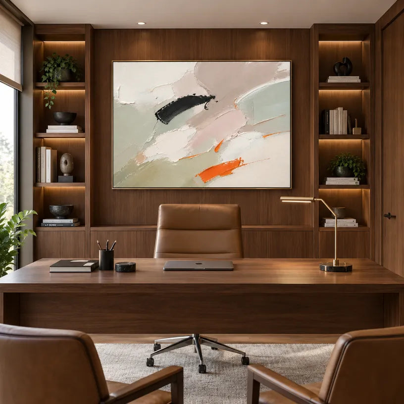 Abstract Expressionist abstract oil painting showing soft grey, white and orange painterly layers in a grey palette, contemporary wall art.