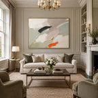 Abstract Expressionist abstract oil painting showing soft grey, white and orange painterly layers in a grey palette, contemporary wall art.
