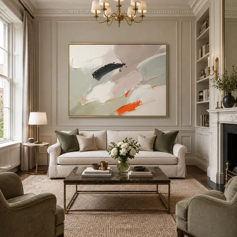 Abstract Expressionist abstract oil painting showing soft grey, white and orange painterly layers in a grey palette, contemporary wall art.